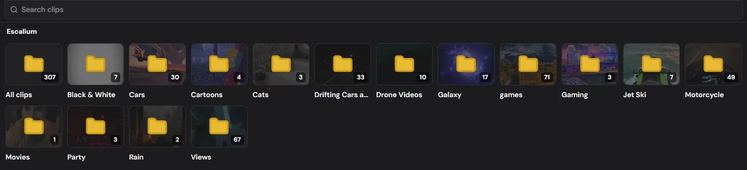 Escalium Clips library: folders of cars, galaxy, gaming, rain, drone and motorcycle clips